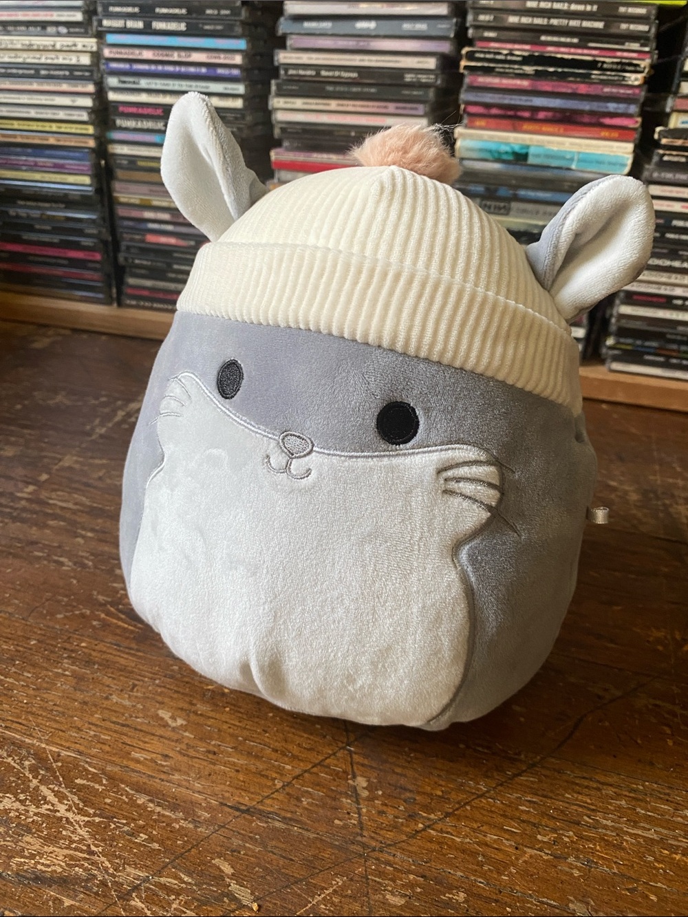 Squishmallows Gray Cat Plush with Cream Beanie and Pink Pom